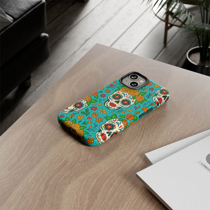 Teal Mexican Style Phone Cases With Floral Skulls - Dia De Los Muertos