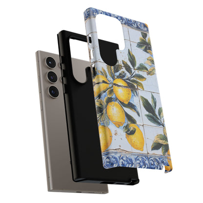 Phone Case, Coastal Tough Case With Lemons in Distressed Ceramic Tile Design, Protective Cover, Summer Accessory, Mediterranean Style iPhone