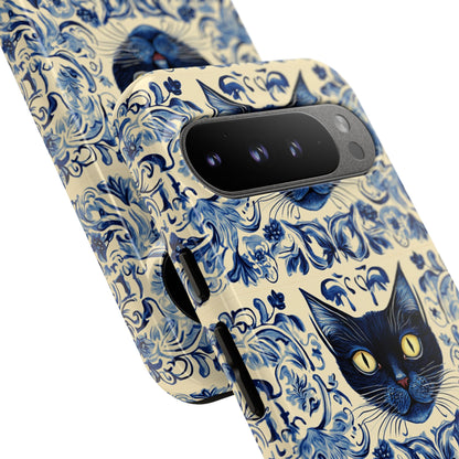 Tough Phone Case - Mediterranean Tile Motif With Blue Cats