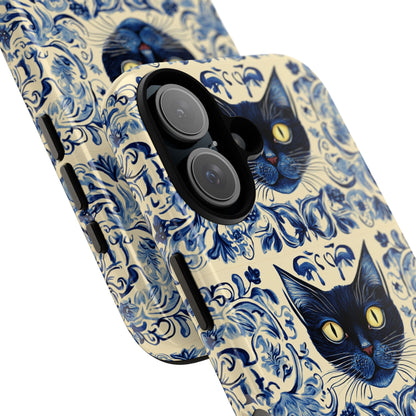 Tough Phone Case - Mediterranean Tile Motif With Blue Cats