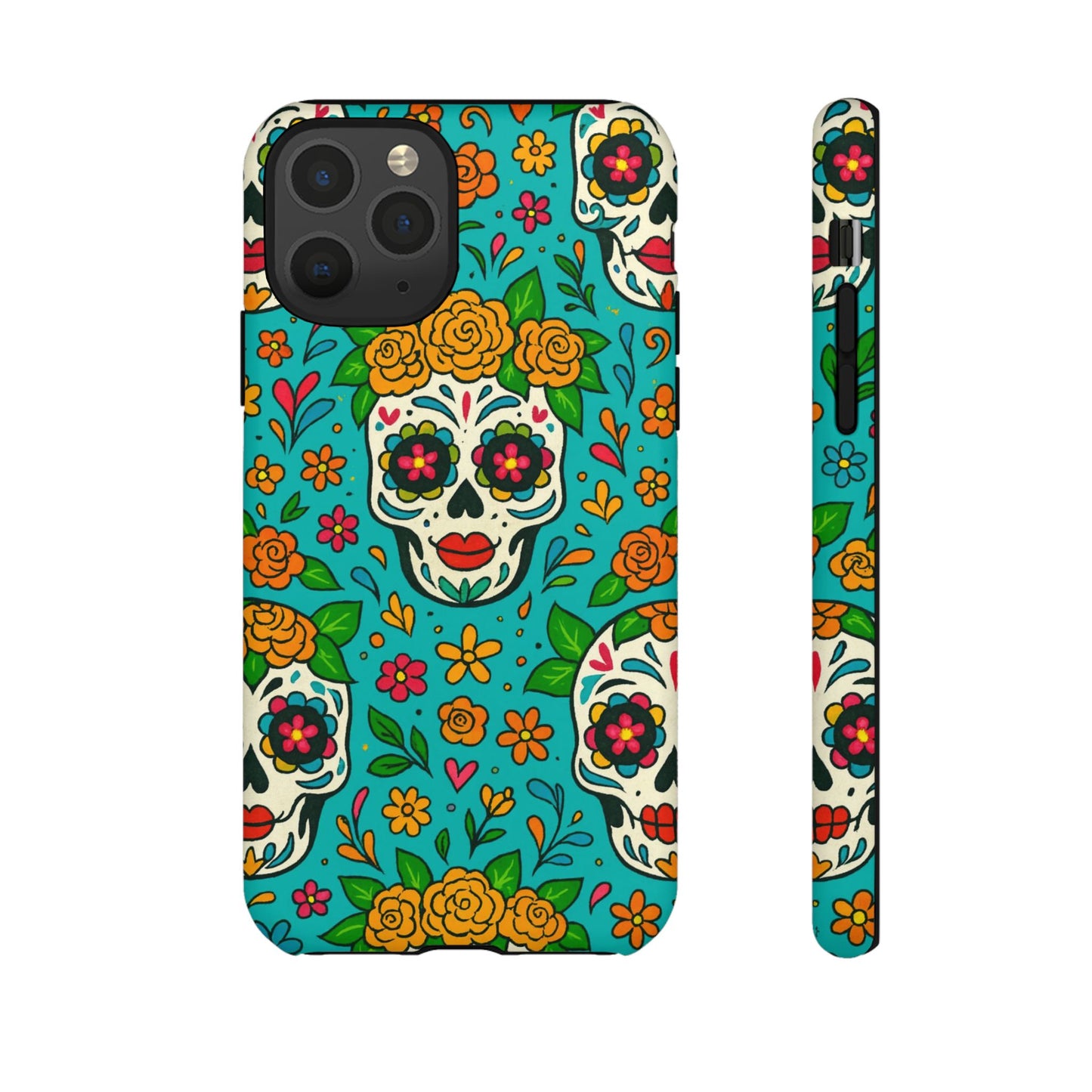 Teal Mexican Style Phone Cases With Floral Skulls - Dia De Los Muertos