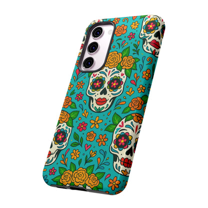 Teal Mexican Style Phone Cases With Floral Skulls - Dia De Los Muertos