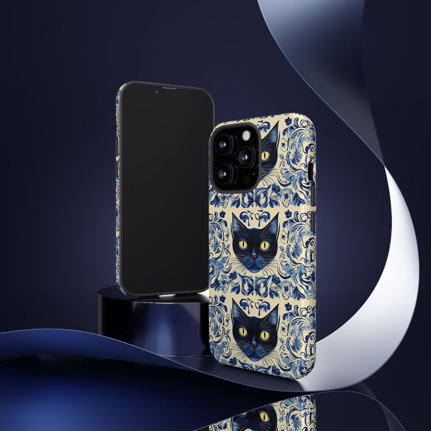 Tough Phone Case - Mediterranean Tile Motif With Blue Cats