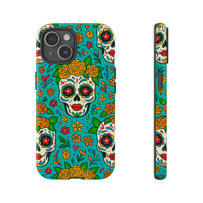 Teal Mexican Style Phone Cases With Floral Skulls - Dia De Los Muertos