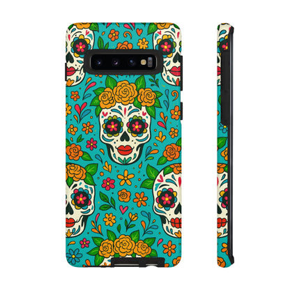 Teal Mexican Style Phone Cases With Floral Skulls - Dia De Los Muertos