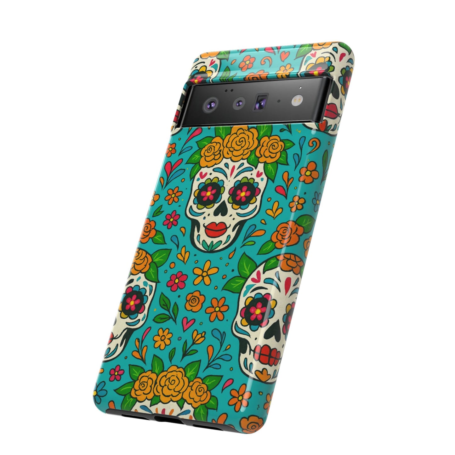 Teal Mexican Style Phone Cases With Floral Skulls - Dia De Los Muertos