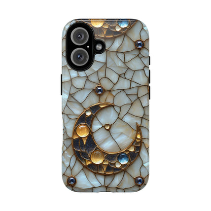 Celestial Phone Case - White Stained Glass & Gold Crescent Moon Print