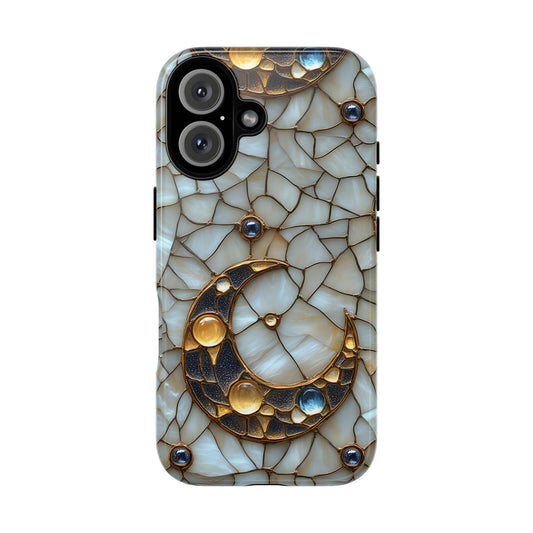 Celestial Phone Case - White Stained Glass & Gold Crescent Moon Print