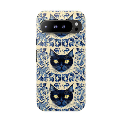 Tough Phone Case - Mediterranean Tile Motif With Blue Cats
