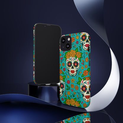 Teal Mexican Style Phone Cases With Floral Skulls - Dia De Los Muertos