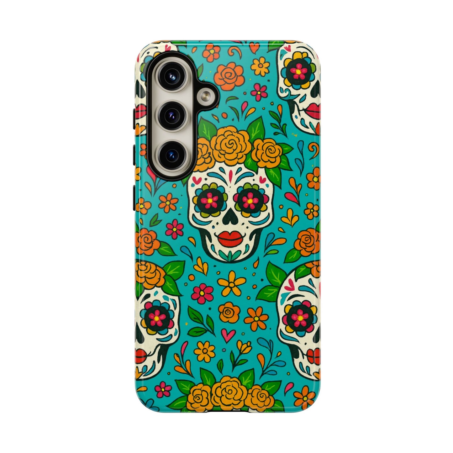 Teal Mexican Style Phone Cases With Floral Skulls - Dia De Los Muertos