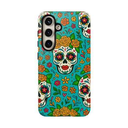 Teal Mexican Style Phone Cases With Floral Skulls - Dia De Los Muertos