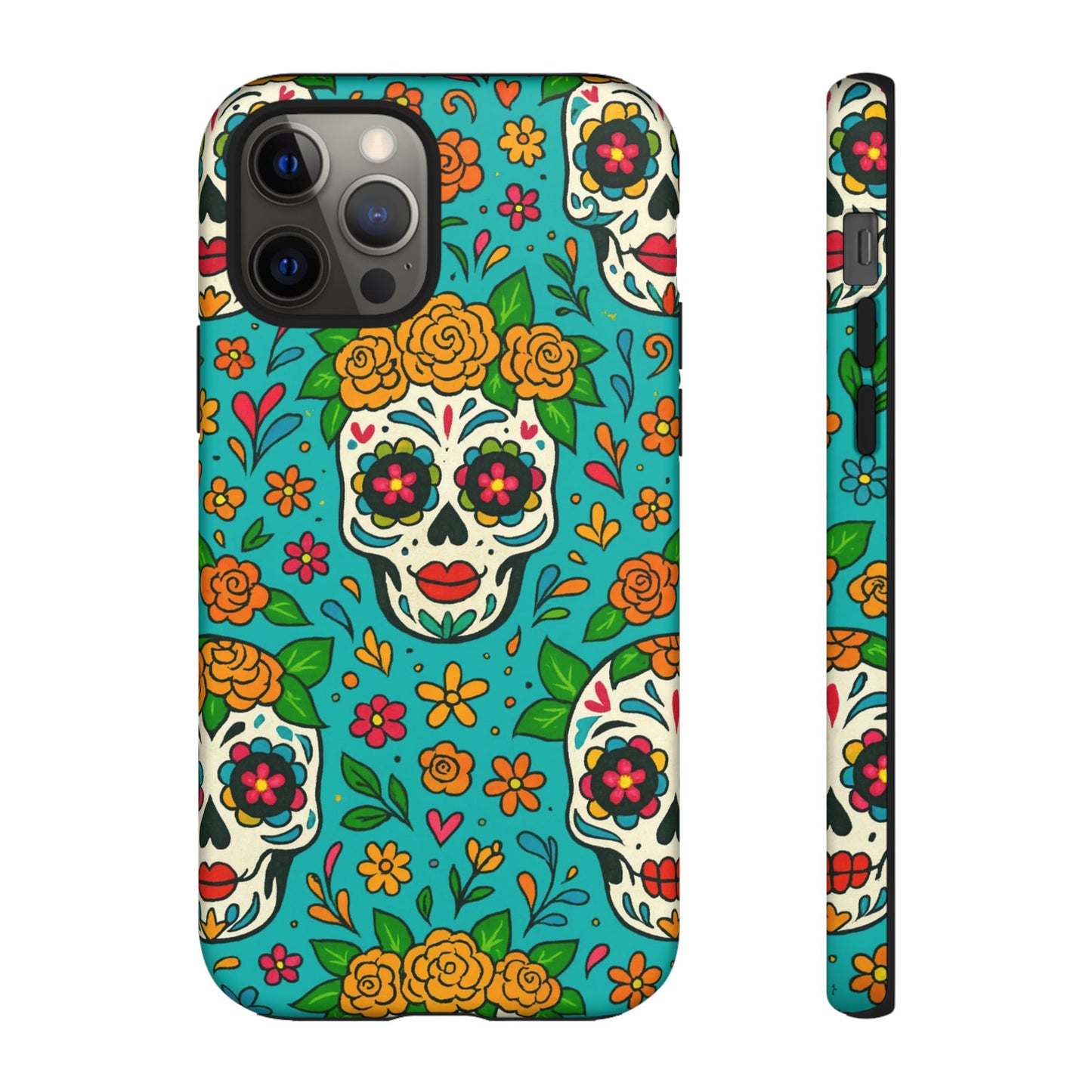 Teal Mexican Style Phone Cases With Floral Skulls - Dia De Los Muertos
