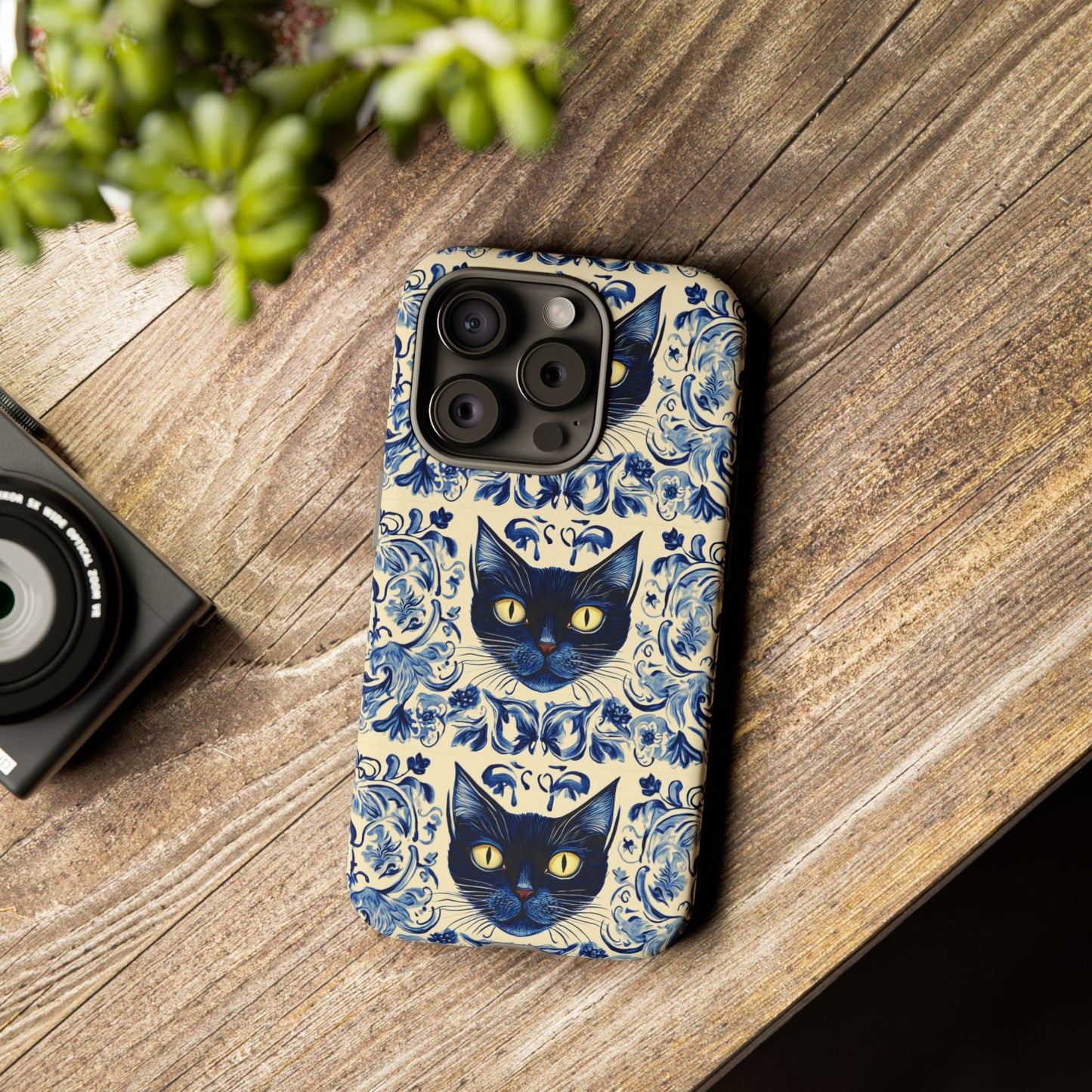 Tough Phone Case - Mediterranean Tile Motif With Blue Cats