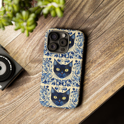 Tough Phone Case - Mediterranean Tile Motif With Blue Cats