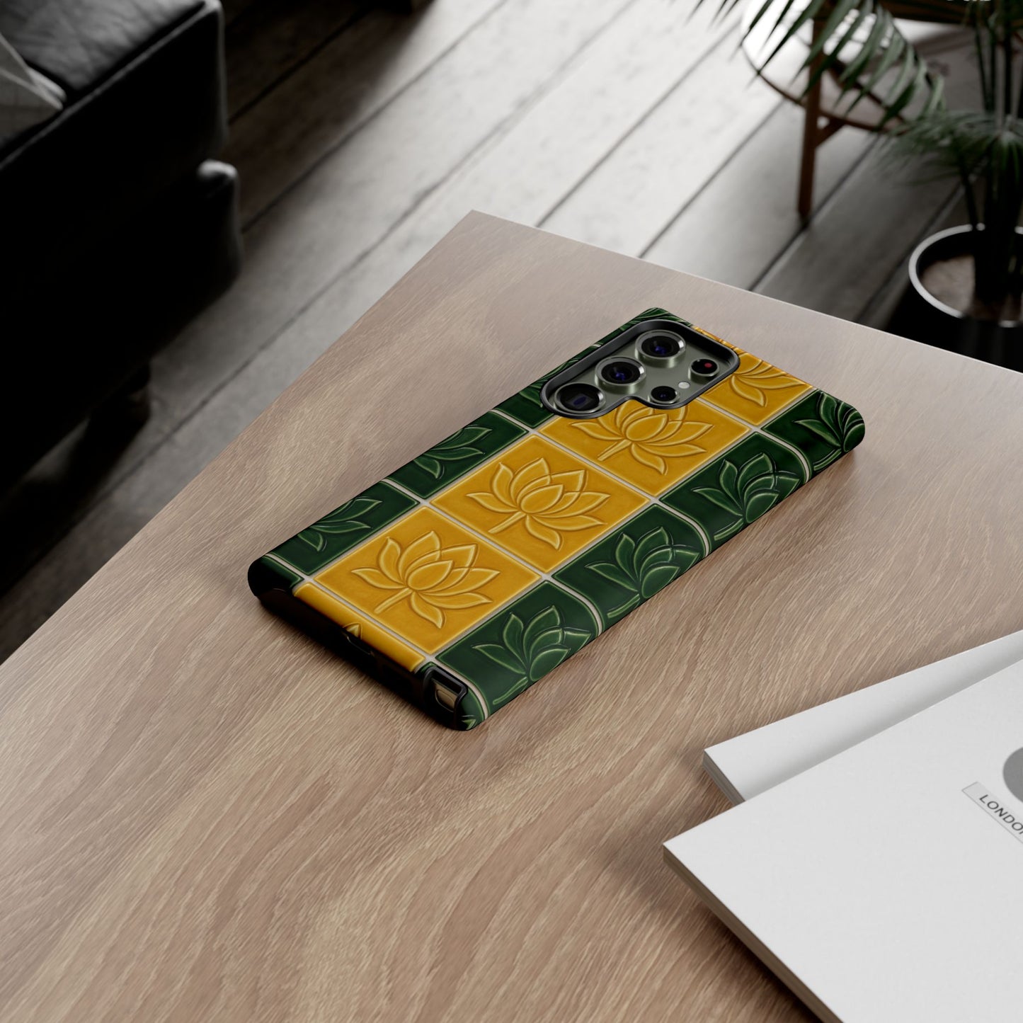 Tough Phone Cases - Mustard Yellow & Green Ceramic Tile From Caldas Da Rhaina, Portugal