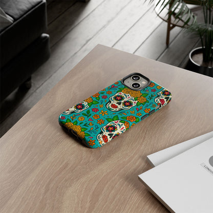 Teal Mexican Style Phone Cases With Floral Skulls - Dia De Los Muertos