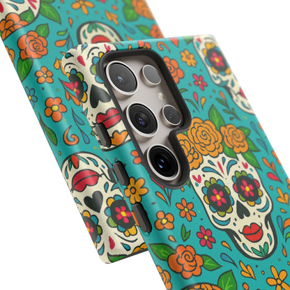 Teal Mexican Style Phone Cases With Floral Skulls - Dia De Los Muertos