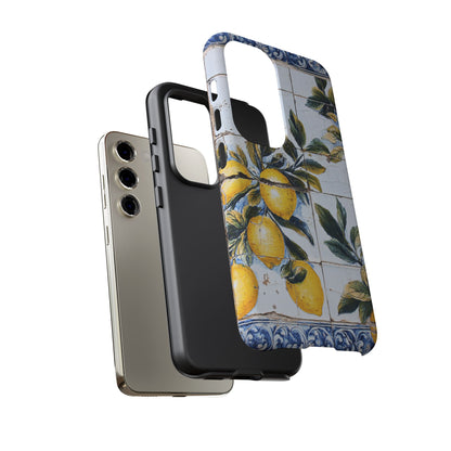 Phone Case, Coastal Tough Case With Lemons in Distressed Ceramic Tile Design, Protective Cover, Summer Accessory, Mediterranean Style iPhone