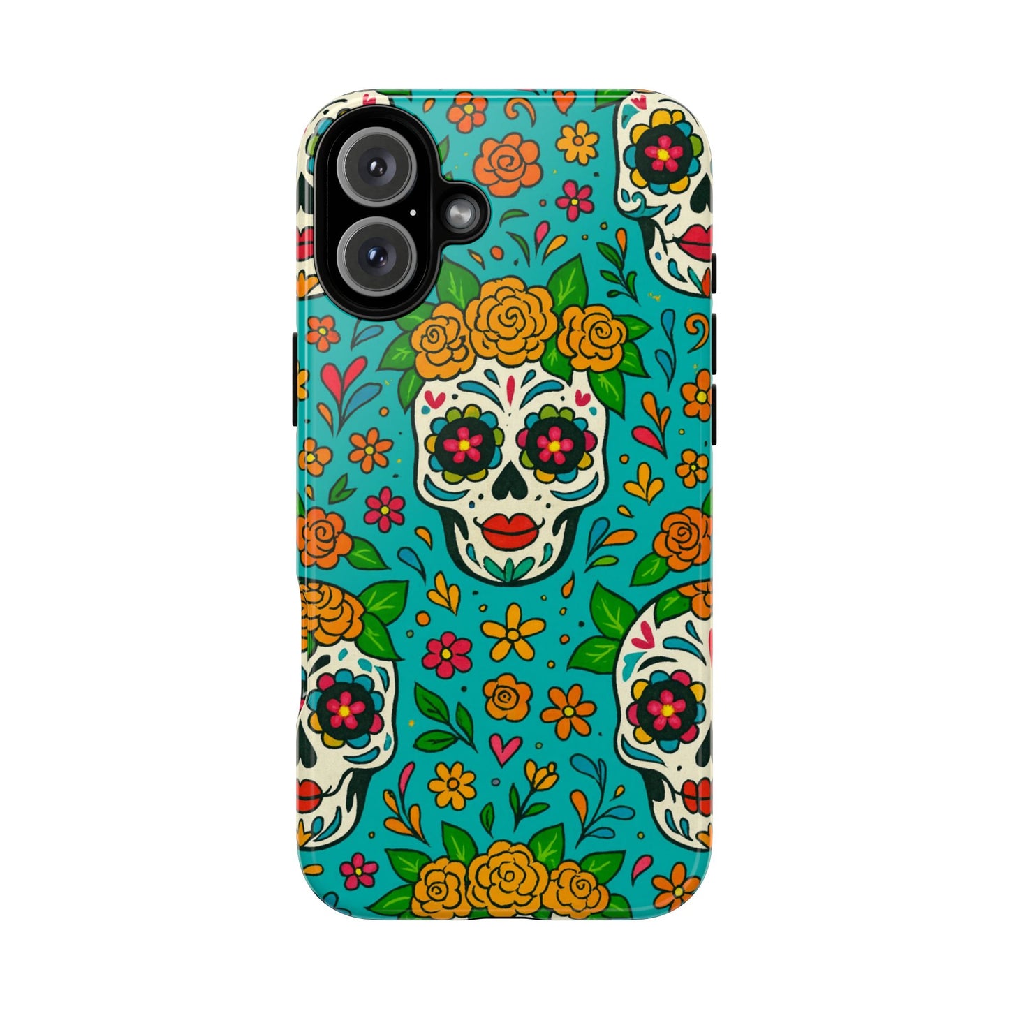 Teal Mexican Style Phone Cases With Floral Skulls - Dia De Los Muertos