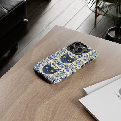 Tough Phone Case - Mediterranean Tile Motif With Blue Cats