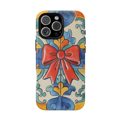 Colourful Ceramic Tile Design Phone Case With Red Bow