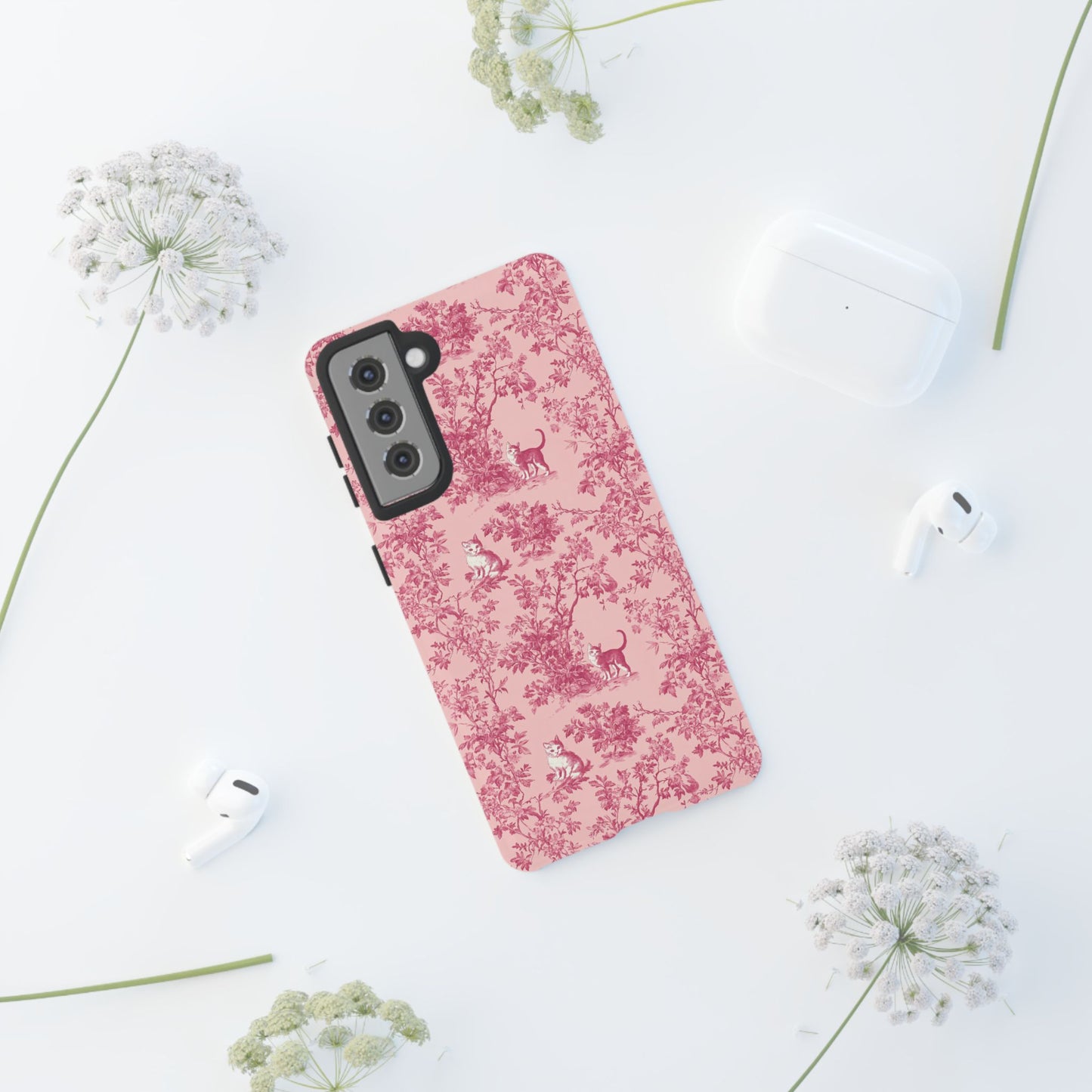 Tough Phone Cases - Cats in Pink Toile De Joyu Motif