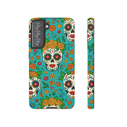 Teal Mexican Style Phone Cases With Floral Skulls - Dia De Los Muertos