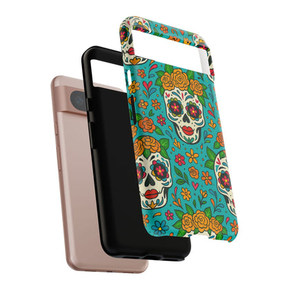 Teal Mexican Style Phone Cases With Floral Skulls - Dia De Los Muertos