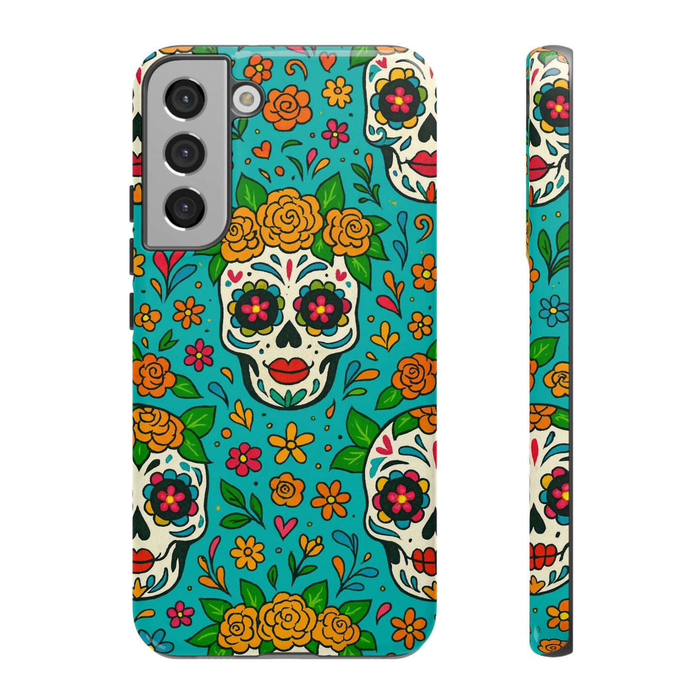 Teal Mexican Style Phone Cases With Floral Skulls - Dia De Los Muertos