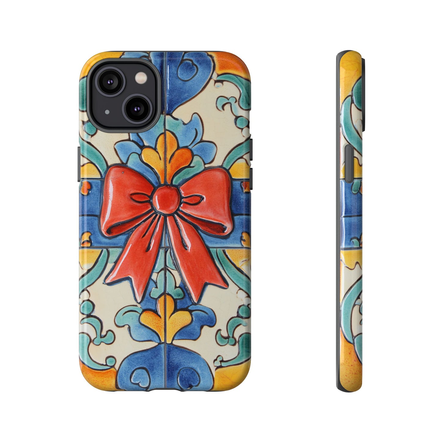 Colourful Ceramic Tile Design Phone Case With Red Bow