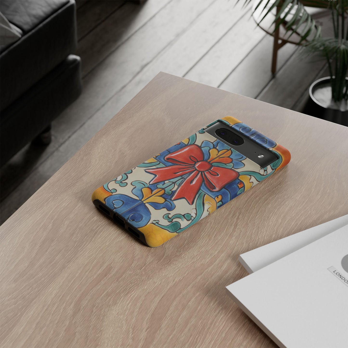 Colourful Ceramic Tile Design Phone Case With Red Bow