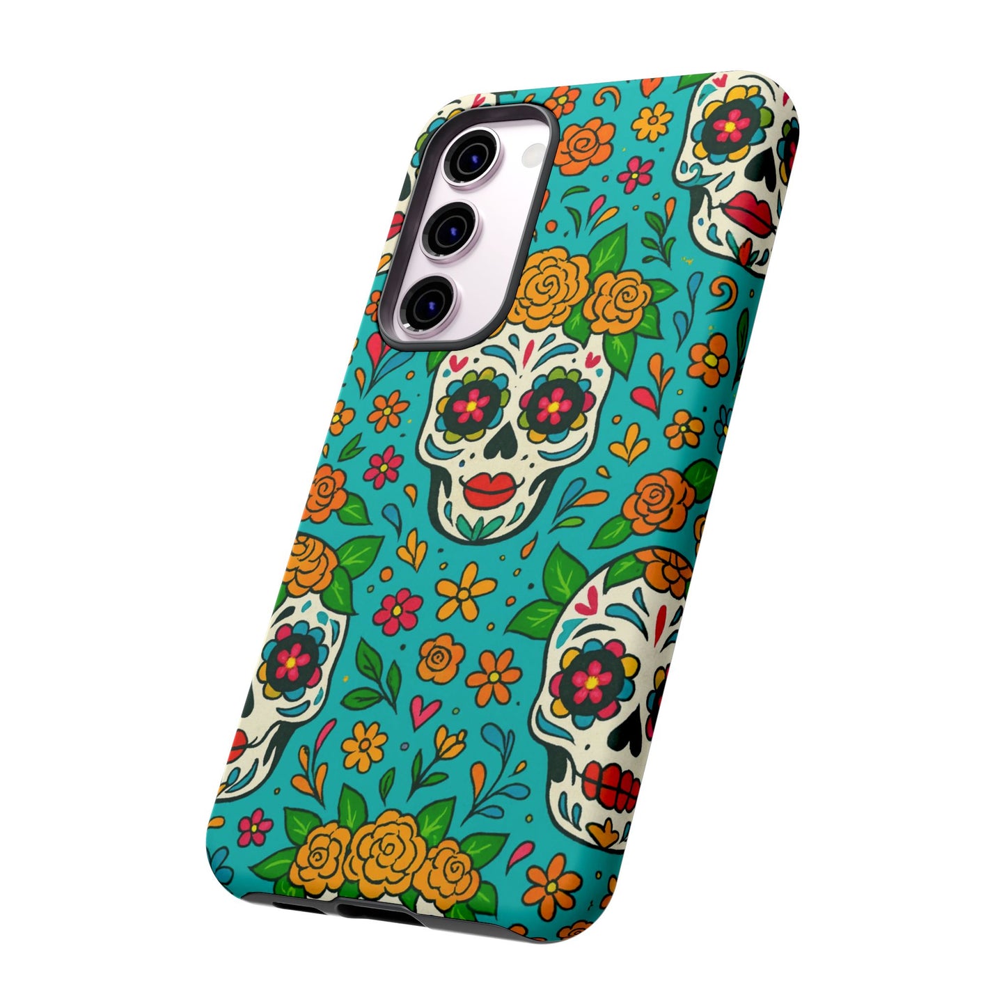 Teal Mexican Style Phone Cases With Floral Skulls - Dia De Los Muertos