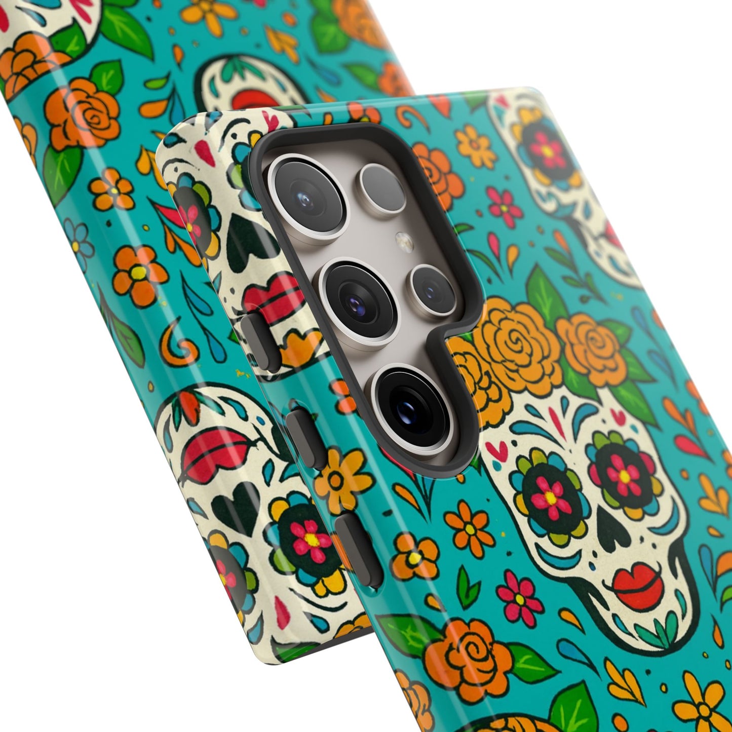 Teal Mexican Style Phone Cases With Floral Skulls - Dia De Los Muertos