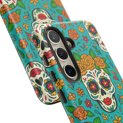 Teal Mexican Style Phone Cases With Floral Skulls - Dia De Los Muertos