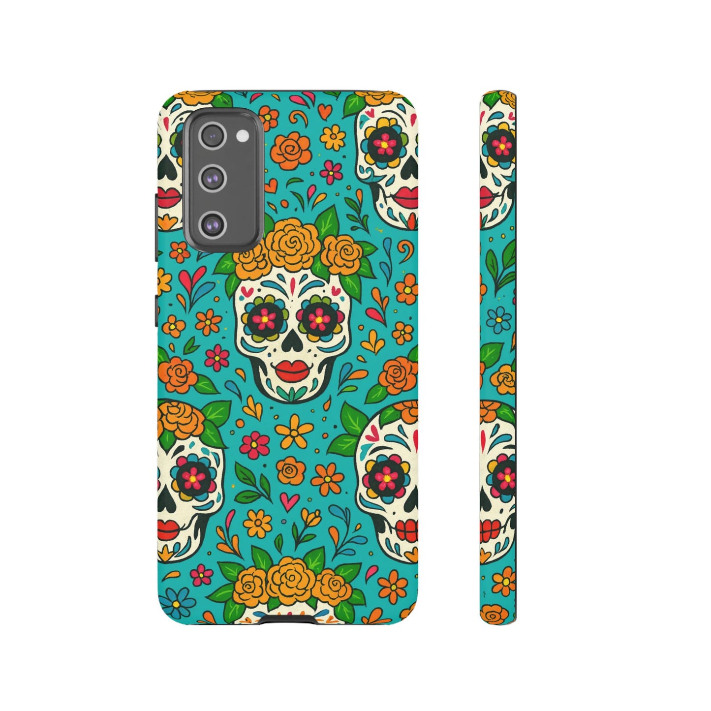 Teal Mexican Style Phone Cases With Floral Skulls - Dia De Los Muertos