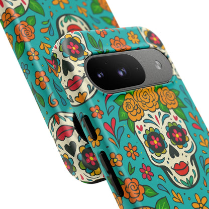Teal Mexican Style Phone Cases With Floral Skulls - Dia De Los Muertos