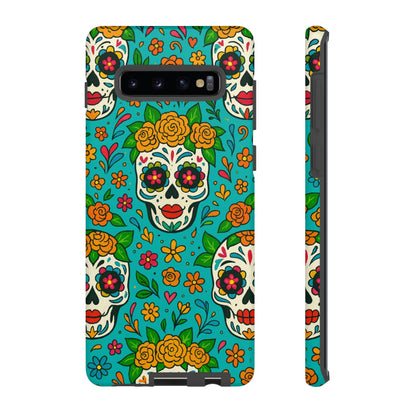Teal Mexican Style Phone Cases With Floral Skulls - Dia De Los Muertos