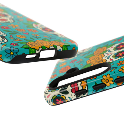 Teal Mexican Style Phone Cases With Floral Skulls - Dia De Los Muertos