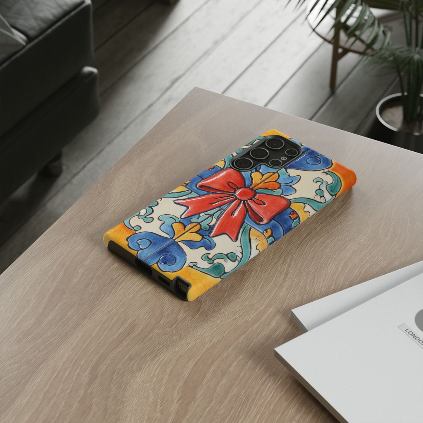 Colourful Ceramic Tile Design Phone Case With Red Bow