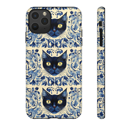 Tough Phone Case - Mediterranean Tile Motif With Blue Cats