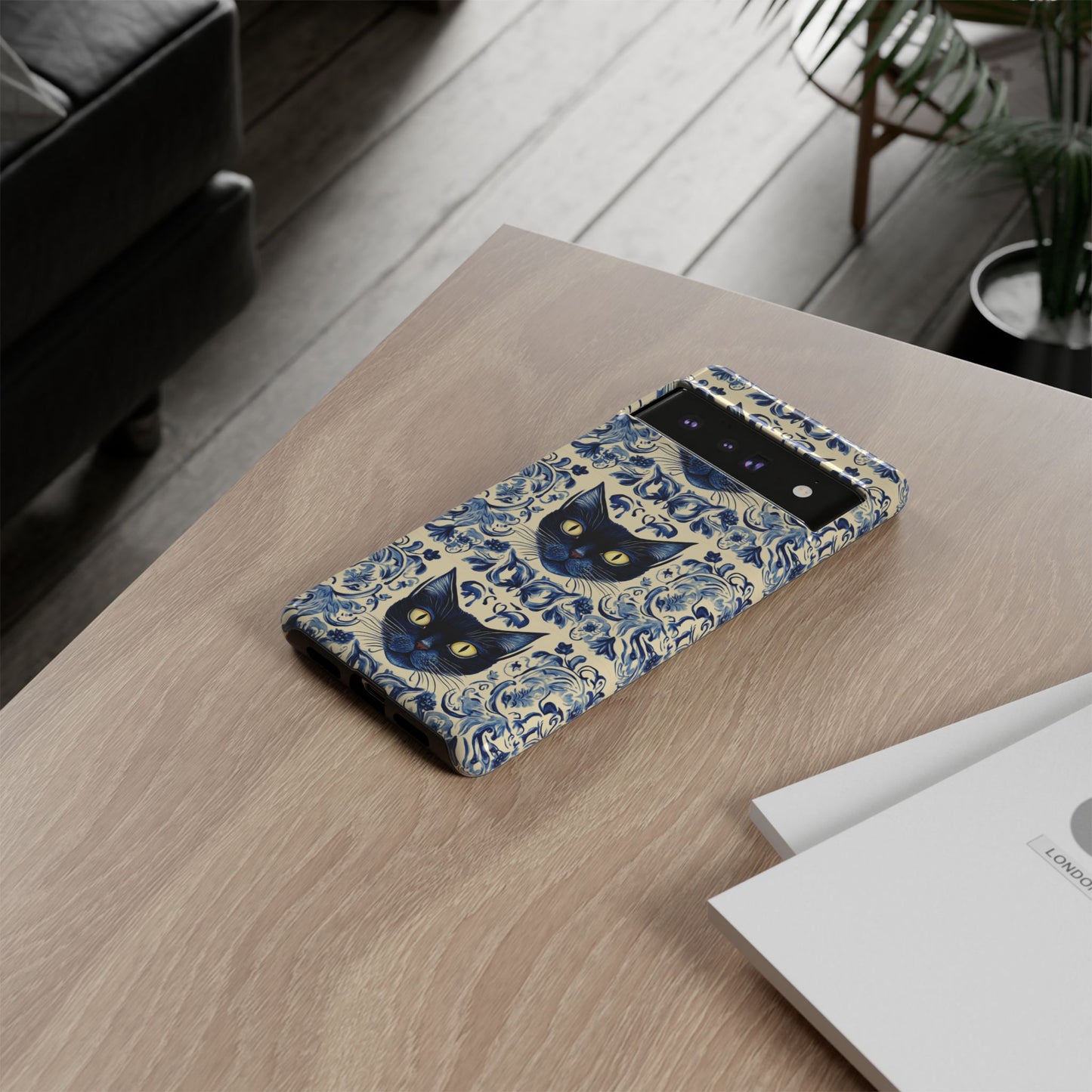 Tough Phone Case - Mediterranean Tile Motif With Blue Cats