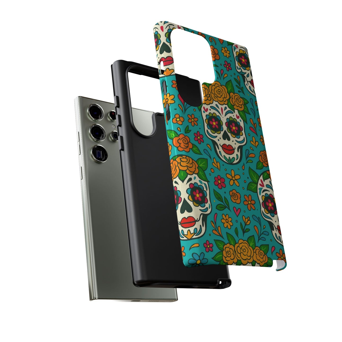 Teal Mexican Style Phone Cases With Floral Skulls - Dia De Los Muertos