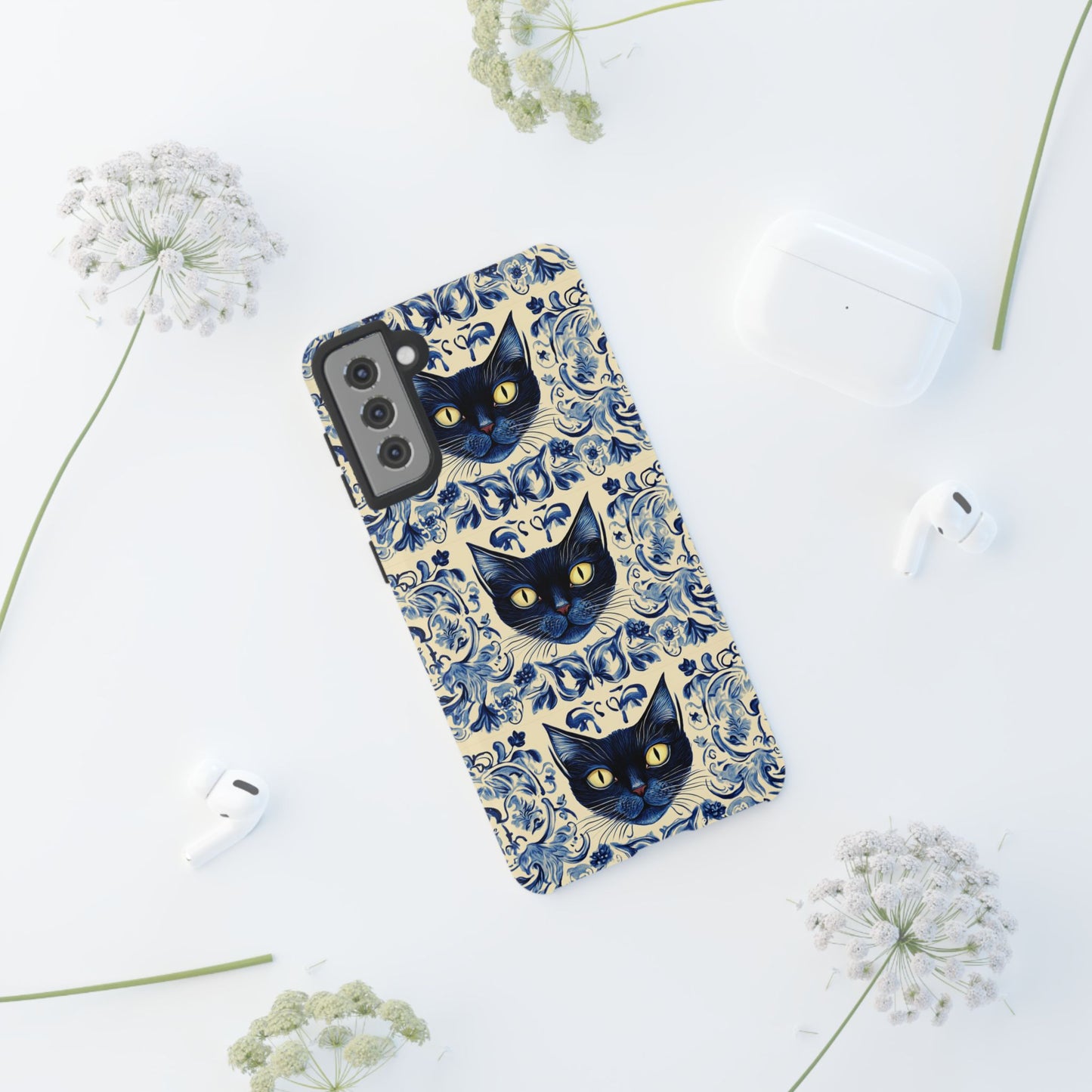 Tough Phone Case - Mediterranean Tile Motif With Blue Cats
