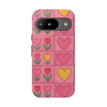 Phone Case - Pink Jean With Hearts & Tulip Flowers Tough Case