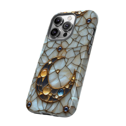 Celestial Phone Case - White Stained Glass & Gold Crescent Moon Print