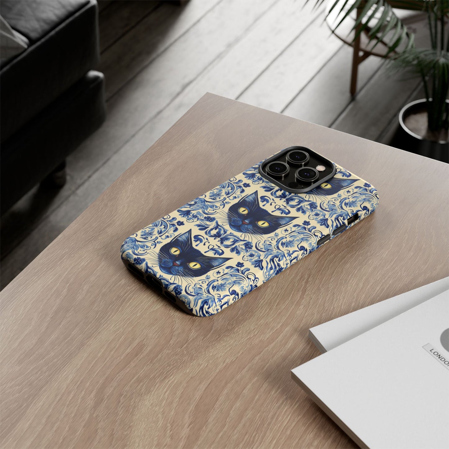 Tough Phone Case - Mediterranean Tile Motif With Blue Cats