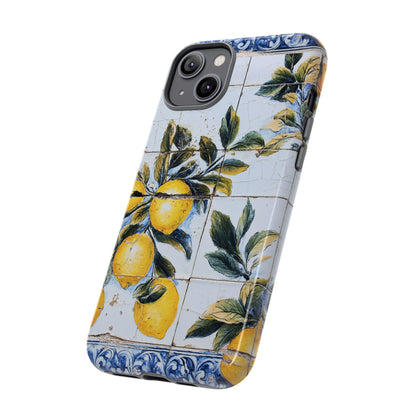 Phone Case, Coastal Tough Case With Lemons in Distressed Ceramic Tile Design, Protective Cover, Summer Accessory, Mediterranean Style iPhone