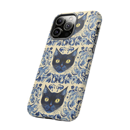 Tough Phone Case - Mediterranean Tile Motif With Blue Cats