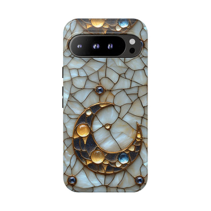 Celestial Phone Case - White Stained Glass & Gold Crescent Moon Print